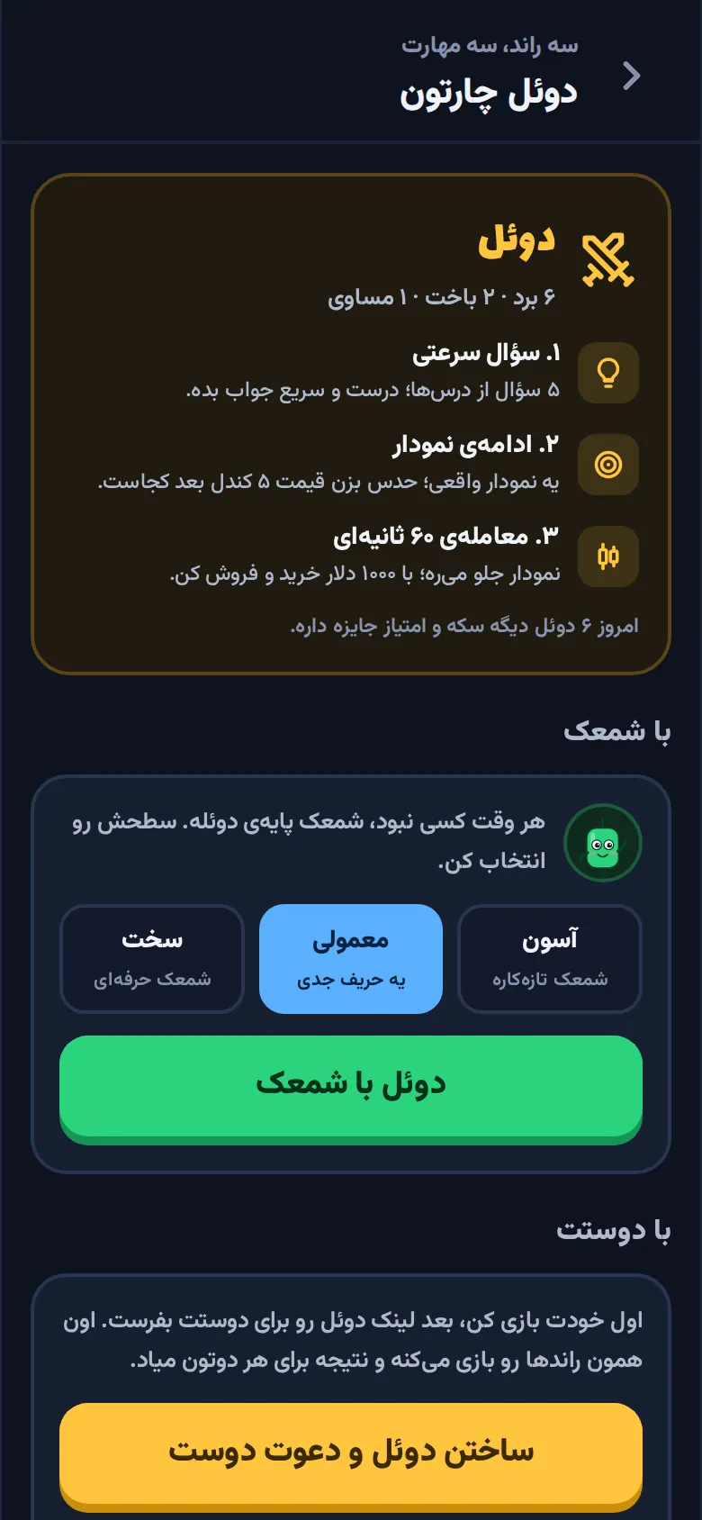 صفحه‌ی دوئل چارتون با سه راند، انتخاب سطح شمعک و دکمه‌ی ساختن دوئل و دعوت دوست.